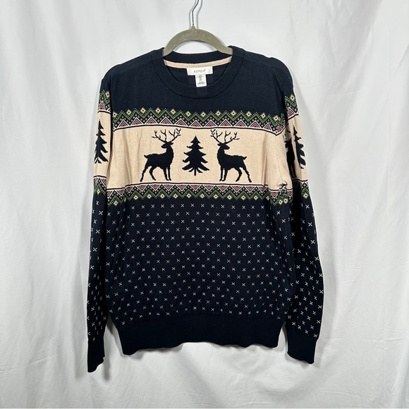 Aspen Fair Isle Reindeer Cotton Sweater Crewneck Men’s Large Navy Cozy Scandi - Picture 3 of 8